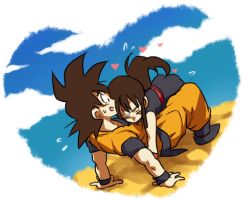 Rule 34 | 1boy, 1girl, black hair, boots, chi-chi (dragon ball), chinese clothes, closed eyes, cloud, couple, day, dougi, dragon ball, full body, heart, hetero, hug, long hair, looking at another, nervous, nervous smile, open mouth, ponytail, short hair, simple background, sky, smile, son goku, spiked hair, sweatdrop, tkgsize, white background, wristband