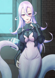 Rule 34 | 1girl, absurdres, albino, bodysuit, breasts, bridal gauntlets, cleavage, covered collarbone, cup, dress, finger to mouth, hair between eyes, highres, holding, indoors, lamia, large breasts, light purple hair, long hair, looking at viewer, monster girl, monster musume no oisha-san, pink eyes, saphentite neikes, scales, see-through, shibakarisena, solo, tail, window