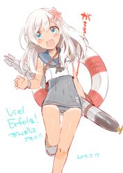 Rule 34 | 1girl, anbutter siruko, blonde hair, blue eyes, blush, crop top, dated, female focus, flower, hair flower, hair ornament, japanese flag, kantai collection, lifebuoy, long hair, looking at viewer, one-piece swimsuit, one-piece tan, ro-500 (kancolle), sailor collar, school swimsuit, school uniform, smile, solo, swim ring, swimsuit, swimsuit under clothes, tan, tanline, torpedo