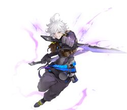 Rule 34 | 1boy, crow (tower of fantasy), dual wielding, electricity, gloves, holding, holding sword, holding weapon, long sleeves, looking at viewer, official art, open mouth, short hair, smile, solo, sword, teeth, tower of fantasy, weapon, white hair, yellow eyes