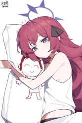 Rule 34 | 1girl, bed, blue archive, breasts, dakimakura (object), doodle sensei (blue archive), grey eyes, halo, heart, highres, hugging object, iroha (blue archive), long hair, lying, midriff peek, myeolchi, on side, pillow, pillow hug, red hair, sensei (blue archive), simple background, small breasts, solo, tank top, wavy hair, white background, white tank top