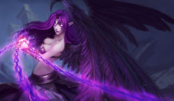 Rule 34 | 1girl, arched back, artist name, black wings, bracer, breasts, chain, circlet, cleavage, clenched hand, facial tattoo, feathered wings, glowing, glowing eyes, highres, league of legends, light smile, lips, lipstick, long hair, looking at viewer, magic, makeup, medium breasts, morgana (league of legends), navel, no pupils, nose, outdoors, pale skin, parted lips, pointy ears, purple eyes, purple hair, purple lips, sai foubalana, signature, solo, tattoo, upper body, wings