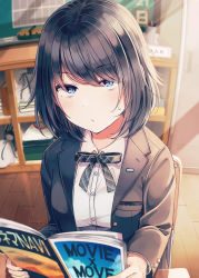 Rule 34 | 1girl, bag, black bow, black hair, black jacket, blazer, blue eyes, blush, bow, breasts, chair, closed mouth, collared shirt, desk, diagonal stripes, dress shirt, hair between eyes, highres, holding, indoors, jacket, looking at viewer, medium breasts, niichi (komorebi-palette), on chair, open clothes, open jacket, original, revision, school chair, school desk, school uniform, shirt, short hair, solo, striped, striped bow, sunlight, sweat, white shirt, wooden floor