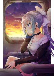 Rule 34 | 1girl, arm support, black choker, black jacket, blurry, blurry foreground, bow, breasts, brown sky, choker, cloud, cloudy sky, collarbone, commentary request, depth of field, earbuds, earphones, gradient sky, hair between eyes, hair bow, hair ornament, hairclip, highres, higuchi kaede, jacket, kuria (clear trip second), long hair, medium breasts, nijisanji, off shoulder, open clothes, open jacket, parted lips, ponytail, purple eyes, purple sky, shirt, silver hair, sitting, sky, solo, sunset, train interior, very long hair, virtual youtuber, white bow, white shirt, window, yellow sky