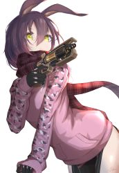 Rule 34 | 1girl, absurdres, android, animal ears, apex legends, brown hair, camouflage, closed mouth, gun, handgun, highres, holding, holding gun, holding weapon, hololive, hood, hoodie, leaning forward, long sleeves, looking at viewer, looking down, mechanical arms, mechanical legs, mine tsukasa, no pants, pink hoodie, pistol, plaid, plaid scarf, rabbit ears, red scarf, reverse outfit, roboco-san, roboco-san (hoodie), scarf, scowl, short hair, simple background, solo, virtual youtuber, weapon, white background, yellow eyes