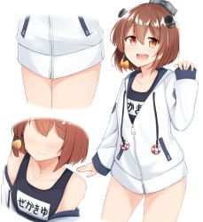 Rule 34 | 1girl, :d, anchor symbol, black one-piece swimsuit, blush, brown eyes, brown hair, closed mouth, collarbone, cropped legs, drawstring, faceless, faceless female, hair between eyes, hand up, headgear, highres, hood, hood down, hooded jacket, jacket, kantai collection, lifebuoy, long sleeves, multiple views, name tag, one-piece swimsuit, open mouth, pinching sleeves, sakikumo (sakumo), school swimsuit, sidelocks, simple background, sleeves past wrists, smile, speaking tube headset, swim ring, swimsuit, swimsuit under clothes, white background, white jacket, yukikaze (kancolle)