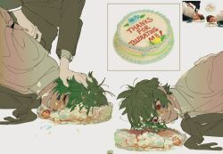 Rule 34 | 2boys, black necktie, cake, cake on head, closed eyes, closed mouth, collared shirt, food, food on clothes, food on face, glasses, green hair, long sleeves, looking down, lying, male focus, master detective archives: rain code, multiple boys, necktie, oishikunatte shintoujou, on side, open mouth, out of frame, red eyes, reference inset, round eyewear, shirt, short hair, simple background, smile, upper body, white background, white shirt, yomi hellsmile, zilch alexander