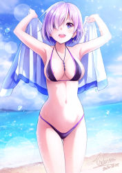 Rule 34 | 1girl, absurdres, alternate costume, areola slip, armpits, artist name, beach, bikini, blush, breasts, cleavage, collarbone, commentary request, cowboy shot, dated, day, fate/grand order, fate (series), hair over one eye, highres, holding, holding clothes, holding jacket, jacket, jewelry, karaage bou, light purple hair, looking at viewer, mash kyrielight, medium breasts, navel, necklace, ocean, open mouth, outdoors, purple bikini, purple eyes, short hair, smile, solo, sparkle, standing, stomach, swimsuit, tagme, teeth, upper teeth only, water drop