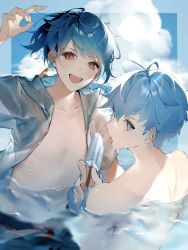 Rule 34 | 2boys, antenna hair, arm up, blue eyes, blue hair, chongyun (genshin impact), cloud, earrings, food, genshin impact, hair between eyes, head tilt, highres, jacket, jewelry, male focus, multiple boys, open clothes, open jacket, open mouth, outdoors, partially submerged, popsicle, poscorn617, single earring, sky, tongue, tongue out, topless male, upper body, water, wet, wet clothes, xingqiu (genshin impact), yellow eyes