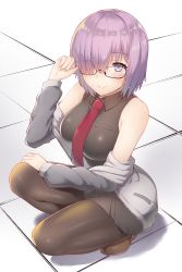 Rule 34 | 1girl, absurdres, black-framed eyewear, black pantyhose, black shirt, black skirt, breasts, clothes pull, collared shirt, commentary request, eyes visible through hair, fate/grand order, fate (series), full body, glasses, hair over one eye, highres, jacket, jacket pull, large breasts, looking at viewer, mash kyrielight, miniskirt, pantyhose, purple eyes, purple hair, shirt, short hair, skirt, sleeveless, sleeveless shirt, smile, solo, tile floor, tiles, urigarasu