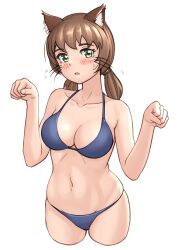 Rule 34 | 1girl, absurdres, animal ears, bikini, blue bikini, breasts, brown hair, cat ears, cleavage, commentary, cowboy shot, cropped legs, flying sweatdrops, green eyes, hair tie, halterneck, highres, kemonomimi mode, kzm (sub-moa works), light frown, looking at viewer, low twintails, medium breasts, medium hair, minakami sayaka, navel, open mouth, original, paw pose, simple background, solo, standing, sweatdrop, swimsuit, twintails, whiskers, white background