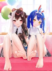 Rule 34 | 2girls, absurdres, ahoge, amamiya kokoro, amamiya kokoro (8th costume), animal ears, balloon, barefoot, bear ears, black necktie, blue hair, blue nails, blurry, blurry background, blush, brown footwear, brown hair, collared shirt, couch, crossed bangs, double-parted bangs, eyelashes, fake animal ears, feet, full body, grey hair, grey skirt, hair ornament, hands up, highres, holding, holding shoes, knees together feet apart, knees up, kou futoshi, legs, loafers, long hair, looking at viewer, miniskirt, multicolored hair, multiple girls, nail polish, necktie, nijisanji, on couch, open mouth, panties, partially visible vulva, pink hair, pink panties, plaid, plaid skirt, rabbit ears, red eyes, shirt, shoes, sitting, skirt, soles, spread toes, streaked hair, thighs, toenail polish, toenails, toes, twintails, two-tone hair, two side up, underwear, unworn shoes, virtual youtuber, white shirt, window, x hair ornament, yellow eyes, yorumi rena, yorumi rena (11th costume)