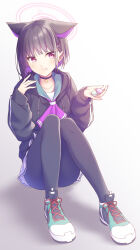 Rule 34 | 1girl, absurdres, ass, black hair, black jacket, black pantyhose, blue archive, blunt bangs, cat, cat girl, choker, collarbone, colored inner hair, commentary request, eating, extra ears, food, full body, gradient background, halo, highres, holding, holding food, hood, hooded jacket, jacket, kazusa (blue archive), knees together feet apart, knees up, long sleeves, looking at viewer, macaron, midorino eni, multicolored hair, pantyhose, pleated skirt, red eyes, school uniform, serafuku, shoes, short hair, sidelocks, simple background, sitting, skirt, sneakers, solo