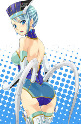 Rule 34 | 10s, 1girl, ass, back, backless outfit, bad id, bad pixiv id, bare shoulders, blue eyes, blue hair, blue rose (tiger &amp; bunny), blush, earrings, elbow gloves, from behind, gloves, gun, hat, holster, jewelry, karina lyle, lipstick, looking back, makeup, matching hair/eyes, pepsi, pepsi nex, polka dot, prime, product placement, short hair, solo, thigh holster, thighhighs, tiger &amp; bunny, weapon