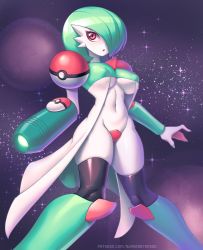 Rule 34 | 1girl, arm cannon, artist name, black thighhighs, blush, bob cut, boots, breasts, collarbone, colored skin, covered erect nipples, creatures (company), crop top, crotch plate, dress, female focus, game freak, gardevoir, gen 3 pokemon, green footwear, green hair, green nails, green shirt, groin, hair over one eye, knee boots, large breasts, light blush, looking to the side, metroid, nail polish, navel, nintendo, one eye covered, open clothes, open dress, open mouth, patreon username, planet, poke ball, poke ball (basic), poke ball theme, pokemon, pokemon (creature), purple background, red eyes, shiny clothes, shirt, short hair, skindentation, solo, space, sparkle, star (sky), stomach, supersatanson, thighhighs, two-sided dress, two-sided fabric, underboob, watermark, weapon, web address, white dress, white skin, wide hips