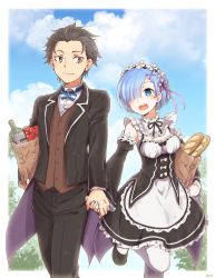 Rule 34 | 10s, 1boy, 1girl, :d, apple, apron, artist name, bag, baguette, banchii, black hair, blue eyes, blue hair, blush, bottle, bow, bowtie, bread, breasts, buttons, cleavage, cloud, cloudy sky, costume, day, detached collar, detached sleeves, dress, food, frilled dress, frills, fruit, hair ornament, hair over one eye, holding hands, happy, hetero, highres, holding, holding bag, jacket, leg up, long sleeves, looking at another, maid, maid headdress, mary janes, medium breasts, natsuki subaru, open mouth, orange eyes, outdoors, pants, paper bag, re:zero kara hajimeru isekai seikatsu, rem (re:zero), ribbon-trimmed clothes, ribbon-trimmed collar, ribbon-trimmed sleeves, ribbon trim, shoes, short hair, sky, smile, teeth, underbust, vest, white legwear, x hair ornament