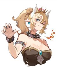 Rule 34 | 1girl, armlet, bare shoulders, black nails, blonde hair, blue eyes, bowsette, bracelet, breasts, cleavage, closed mouth, collar, collarbone, commentary request, fang, fingernails, fire, horns, jewelry, karasu btk, mario (series), medium breasts, nail polish, new super mario bros. u deluxe, nintendo, one eye closed, pointy ears, ponytail, short hair, simple background, skin fang, smile, solo, spiked armlet, spiked bracelet, spiked collar, spikes, super crown, upper body, white background, white horns