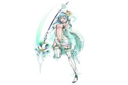 Rule 34 | 1girl, alp, armpits, cape, crown, dress, elbow gloves, eucharis (flower knight girl), flower knight girl, full body, gloves, green eyes, green hair, hair ornament, holding, holding weapon, lance, long hair, matching hair/eyes, navel, open mouth, polearm, short dress, solo, thighhighs, transparent background, weapon, zettai ryouiki