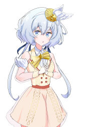 Rule 34 | 1girl, :o, absurdres, blue eyes, dress, gamer u3, hair ornament, hairband, highres, idol, konno junko, low twintails, open mouth, short hair with long locks, sleeveless, solo, twintails, white hair, white hairband, yellow dress, zombie land saga