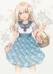 Rule 34 | 10s, 1girl, :d, akira (aky-la), alternate costume, basket, bead, blonde hair, blue eyes, blush, floral background, floral print, flower, flower basket, hair flower, hair ornament, highres, kantai collection, long hair, looking at viewer, open mouth, pink flower, pink ribbon, puffy short sleeves, puffy sleeves, ribbon, ro-500 (kancolle), see-through, short sleeves, skirt, smile, solo, unmoving pattern, wristband