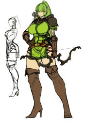 Rule 34 | 1girl, armor, boots, bow (weapon), breasts, brown gloves, commentary request, curvy, elf, flat color, gloves, green hair, hand on own hip, high heel boots, high heels, highres, holding, holding weapon, large breasts, long hair, makeup, orange eyes, original, pauldrons, pointy ears, ponytail, quiver, shoulder armor, sidelocks, sketch, slit pupils, solo, spacezin, thigh boots, thighhighs, tunic, weapon