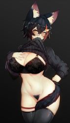 Rule 34 | 1girl, animal ears, black background, black bra, black hair, black sweater, blush, bottomless, bra, breasts, cleavage, clothes in mouth, clothes lift, cowboy shot, female pubic hair, glasses, hair between eyes, highres, hololive, huge breasts, large breasts, lifting own clothes, long sleeves, looking at viewer, mouth hold, multicolored hair, ookami mio, pubic hair, red hair, shirt in mouth, short hair, solo, standing, streaked hair, sweater, sweater lift, tail, thigh strap, turtleneck, turtleneck sweater, underwear, varniskarnis, virtual youtuber, wolf ears, wolf girl, wolf tail, yellow eyes