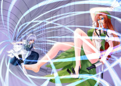 Rule 34 | 2girls, angry, apron, bad id, bad pixiv id, bare legs, barefoot, battle, beret, between toes, blue eyes, braid, breasts, catch, cleavage, dress shirt, feet, female focus, holding with feet, hair ribbon, hat, hong meiling, izayoi sakuya, knife, legs, long hair, long legs, maid, maid apron, maid headdress, mouth hold, multiple girls, object in mouth, red eyes, red hair, ribbon, ryuushou, shirt, short hair, silver hair, star (symbol), thighs, throwing knife, torn clothes, touhou, twin braids, vest, weapon