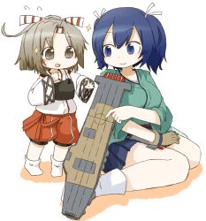 Rule 34 | 10s, 2girls, aged down, blue eyes, blue hair, brown eyes, brown hair, child, closed mouth, flight deck, gloves, hachimaki, headband, kantai collection, long sleeves, multiple girls, muneate, no shoes, open mouth, short hair, simple background, skirt, socks, souryuu (kancolle), sparkle, tamute (2580rs), twintails, white background, white legwear, zuihou (kancolle)
