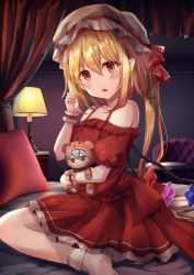 Rule 34 | 1girl, adapted costume, back bow, bare shoulders, bed, blonde hair, blush, bobby socks, bow, breasts, canopy bed, chair, character doll, commentary request, crystal, doll, dress, fang, flandre scarlet, foot out of frame, furrowed brow, hat, hat ribbon, head tilt, highres, holding, holding doll, indoors, lamp, looking at viewer, mob cap, on bed, one side up, open mouth, pillow, pointy ears, red bow, red dress, red eyes, red ribbon, remilia scarlet, ribbon, short hair, sitting, skin fang, small breasts, socks, solo, table, torottye, touhou, wariza, white hat, wings, wrist cuffs