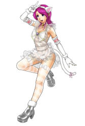 Rule 34 | 1girl, animal ears, asamiya athena, bell, bow, breasts, choker, cleavage, elbow gloves, gloves, legs, panties, purple eyes, purple hair, salute, see-through, snk, solo, striped clothes, striped thighhighs, tail, the king of fighters, thighhighs, underwear, v, yan fei toketsu