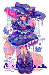 Rule 34 | 1girl, animal ear headwear, blue footwear, blue hair, blue shirt, blue skirt, boots, bow, collared shirt, commentary request, empty eyes, english text, eyeball, fake animal ears, fang, full body, halloween, hat, hat bow, highres, long sleeves, neck ribbon, open mouth, original, paw pose, pink bow, pink ribbon, red eyes, ribbon, shirt, short hair, skin fang, skirt, solo, standing, uenomigi