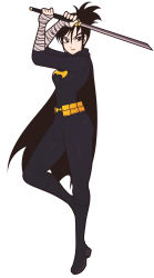 Rule 34 | 1girl, absurdres, bandaged wrists, batgirl, batman (series), belt, black bodysuit, black hair, bodysuit, breasts, cassandra cain, closed mouth, commentary, dc comics, english commentary, full body, highres, holding, holding sword, holding weapon, jeff miga, katana, looking at viewer, medium breasts, solo, standing, sword, utility belt, weapon