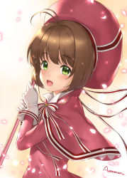 Rule 34 | 1girl, :d, antenna hair, artist name, beige background, blush, brown hair, capelet, cardcaptor sakura, commentary request, dress, gloves, gradient background, green eyes, highres, holding, kinomoto sakura, long sleeves, looking at viewer, looking to the side, open mouth, petals, purple capelet, purple dress, ren san, ribbon, smile, solo, sparkle, striped ribbon, white background, white gloves