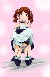 Rule 34 | 1girl, amagami, bare shoulders, clothes lift, female focus, full body, garter belt, gradient background, highres, nakata sae, panties, poo77, short twintails, skirt, skirt lift, solo, striped clothes, striped panties, thighhighs, twintails, underwear