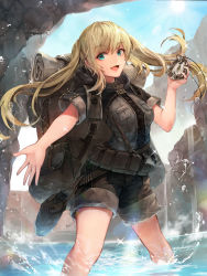 Rule 34 | 1girl, absurdres, backpack, bag, belt, blonde hair, blue eyes, bottle, breasts, commentary, compass, crystalherb, day, fang, highres, holding, hood, long hair, looking at viewer, medium breasts, open mouth, original, outdoors, outstretched arm, pants, pants rolled up, short sleeves, sidelocks, sky, sleeves rolled up, soaking feet, solo, sparkle, splashing, sun, twintails, wading, water, water bottle
