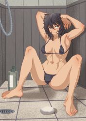 1girl absurdres andou_(girls_und_panzer) armpits arms_behind_head barefoot bikini black_bikini black_eyes black_hair breasts closed_mouth commentary_request dark-skinned_female dark_skin girls_und_panzer halterneck highres indoors looking_at_viewer medium_breasts medium_hair messy_hair navel partial_commentary shower_(place) sitting smile solo string_bikini swimsuit tigern_(tigern28502735)