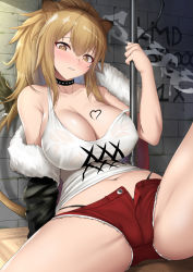 Rule 34 | 1girl, animal ears, arknights, black panties, blush, breasts, chest tattoo, dearonnus, hammer, heart, heart-shaped pupils, heart tattoo, highres, holding, holding hammer, large breasts, lion ears, lion girl, lion tail, long hair, long sleeves, looking at viewer, navel, panties, short shorts, shorts, siege (arknights), sitting, solo, spread legs, studded choker, symbol-shaped pupils, tail, tattoo, thighs, underwear, war hammer, weapon