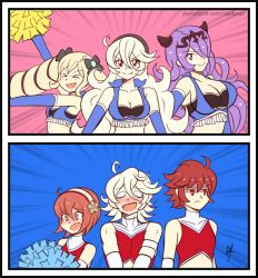Rule 34 | 1boy, 5girls, @ @, arm up, armpits, artist name, blonde hair, blush, bow, breasts, brother and sister, camilla (fire emblem), cheerleader, closed mouth, corrin (female) (fire emblem), corrin (fire emblem), corrin (male) (fire emblem), crop top, elise (fire emblem), fire emblem, fire emblem fates, fire emblem if, grey hair, hair ornament, hair over one eye, hairband, headgear, highres, hinoka (fire emblem), long hair, midriff, multiple girls, nintendo, open mouth, pointy ears, pom pom (cheerleading), purple eyes, purple hair, raydango, red eyes, red hair, sakura (fire emblem), short hair, siblings, sisters, sleeveless, smile, twintails