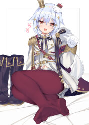 Rule 34 | 1boy, absurdres, arm support, armband, bed sheet, belt, black footwear, black ribbon, blue hair, blush, boots, brown eyes, crossdressing, crown, dog hair ornament, dog tail, epaulettes, eyelashes, feet, gold trim, hair between eyes, hair ornament, hand up, highres, inuyama tamaki, jacket, leaning back, legs, legs together, looking at viewer, medium hair, military, military uniform, monkey kusai, navel, neck ribbon, no shoes, noripro, open mouth, pantyhose, partially unbuttoned, paw pose, red pantyhose, ribbon, shiny clothes, short shorts, shorts, sidelocks, single epaulette, sitting, soles, solo, striped ribbon, tail, thighs, tilted headwear, toe scrunch, toes, trap, uniform, unworn boots, virtual youtuber, white background, white jacket, white shorts, white tail, yokozuwari