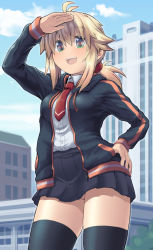 Rule 34 | 1girl, :d, antenna hair, arm up, black jacket, black skirt, black thighhighs, blonde hair, blue sky, building, cloud, collared shirt, commentary request, day, drawstring, dress shirt, green eyes, hair between eyes, hand on own hip, highres, hood, hood down, hooded jacket, jacket, koshirae tsurugi (m.m), long hair, looking at viewer, low ponytail, m.m, necktie, open clothes, open jacket, open mouth, original, outdoors, panties, pink panties, pleated skirt, ponytail, red necktie, shirt, skirt, sky, smile, solo, teeth, thighhighs, underwear, upper teeth only, white shirt