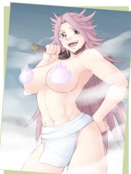Rule 34 | 10s, 1girl, abs, blush, breasts, censored, censored nipples, earrings, female focus, fire, fundoshi, hand on own hip, japanese clothes, jewelry, jun&#039;you (kancolle), kantai collection, large breasts, navel, neko majin, novelty censor, open mouth, purple eyes, purple fire, purple hair, smile, solo, toned, topless, wet