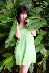 Rule 34 | 1girl, asian, dress, highres, leaf, looking at viewer, nagasawa nao, photo (medium), strapless