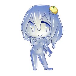 Rule 34 | 1girl, akira (meltyhip), barefoot, blue eyes, blue hair, blue skin, breasts, chibi, closed mouth, colored skin, completely nude, contrapposto, full body, hair between eyes, hair ornament, hand up, long hair, looking at viewer, monster girl, navel, nude, object on head, original, slime girl, small breasts, smile, solo, transparent background