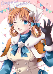 Rule 34 | ;d, annette fantine dominic, black gloves, blue eyes, blush, braid, braided hair rings, breasts, cleavage, confetti, congratulations, dress, fire emblem, fire emblem: three houses, fire emblem warriors: three hopes, gloves, hand up, hat, heart, highres, kirishima riona, long sleeves, medium breasts, nintendo, official alternate costume, official alternate hairstyle, one eye closed, open mouth, orange hair, simple background, smile, upper body