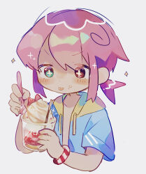 Rule 34 | + +, 1boy, blue eyes, blue hoodie, blush, bracelet, commentary request, cup, dot nose, eyes visible through hair, food, fruit, furrowed brow, hair over one eye, heterochromia, highres, holding, holding cup, holding spoon, hood, hood down, hoodie, ice cream, ice cream cup, jewelry, looking down, male focus, multicolored clothes, multicolored hoodie, original, pink eyes, pink hair, ponytail, raito-kun (uenomigi), short hair, short sleeves, sidelocks, simple background, solo, sparkle, spoon, strawberry, tongue, tongue out, uenomigi, upper body, white background, yellow hoodie