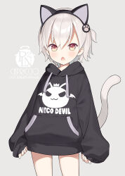 Rule 34 | 1girl, animal ears, artist name, black hairband, black hoodie, blush, capriccio, cat ears, cat tail, chestnut mouth, clothes writing, commentary request, drawstring, fake animal ears, grey background, grey hair, hair between eyes, hairband, hood, hood down, hoodie, kaburi chiko, long sleeves, looking at viewer, open mouth, original, paw hair ornament, pinching sleeves, puffy long sleeves, puffy sleeves, red eyes, simple background, sleeves past wrists, solo, standing, tail