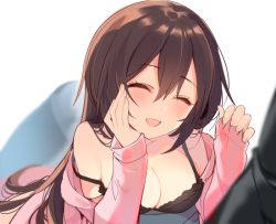Rule 34 | 1girl, :d, ^ ^, bad id, bad twitter id, bare shoulders, blurry, blush, breasts, brown hair, cardigan, cleavage, closed eyes, copyright request, depth of field, eyebrows, closed eyes, hair between eyes, head rest, head tilt, long sleeves, mayachi (amuriya), medium breasts, open cardigan, open clothes, open mouth, simple background, sleeves past wrists, smile, solo focus, strap slip, white background