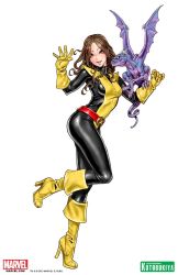 Rule 34 | 10s, 1girl, belt, belt buckle, blush, bodysuit, boots, brown hair, buckle, claws, clenched hand, colored skin, copyright name, dragon, elbow gloves, fangs, full body, gloves, grin, high heel boots, high heels, holding, horns, katherine anne pryde, kitty pryde, knee boots, leg lift, lockheed, long hair, looking at viewer, marvel, profile, purple skin, shiny clothes, shoes, simple background, size difference, smile, standing, standing on one leg, superhero costume, tabard, tail, tiptoes, turtleneck, watermark, waving, wavy hair, white background, wings, x-men, yamashita shun&#039;ya, yellow eyes, yellow footwear