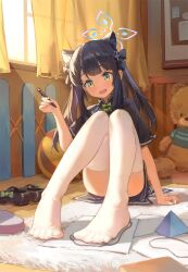 Rule 34 | 1girl, ass, black dress, black footwear, black hair, blue archive, blue halo, china dress, chinese clothes, convenient leg, curtains, dress, green eyes, halo, highres, holding, holding pen, indoors, knees up, long hair, meinoss, on floor, pen, shoes, short sleeves, shun (blue archive), shun (small) (blue archive), sitting, solo, stuffed animal, stuffed toy, teddy bear, thighhighs, unworn shoes, white thighhighs, window