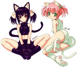 Rule 34 | 2girls, :&lt;, aged up, animal ears, bike shorts, black hair, bosshi, bow, breasts, breasts squeezed together, butterfly sitting, cat ears, cat tail, crop top, fang, gloves, green eyes, hair bobbles, hair bow, hair ornament, hands on feet, looking at viewer, looking back, moe (bosshi), multiple girls, oekaki, orange eyes, original, paw shoes, pink hair, shoes, short twintails, sitting, smile, tail, tight clothes, twintails, v arms, white background, yu (bosshi)